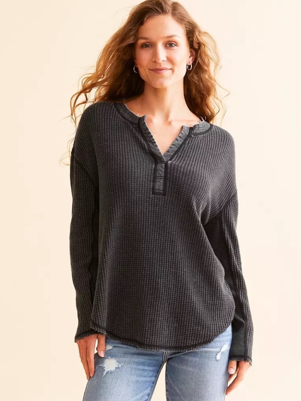 White Crow Baylee Waffle Knit Long Sleeve Oversized Top Size M Washed Black